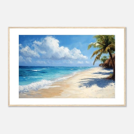 Tropical Beach Oil Painting Print Coastal Wall Art Ocean Waves Print Blue Ocean Palm Tree Beach Semi Glossy Wooden Framed Poster