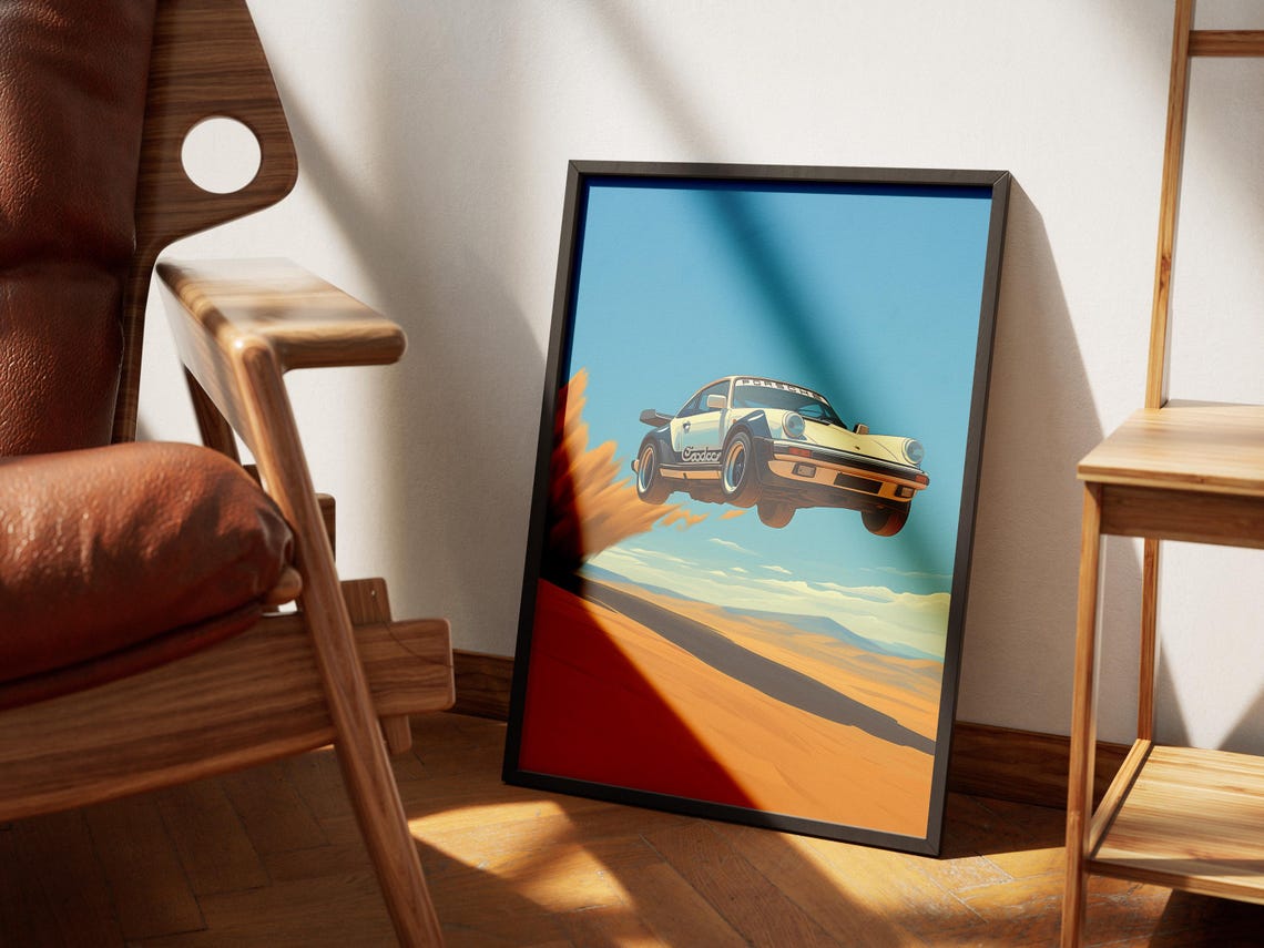 White Porsche 911 Rally Car Jumping Desert Dune Modern Poster - Image 2