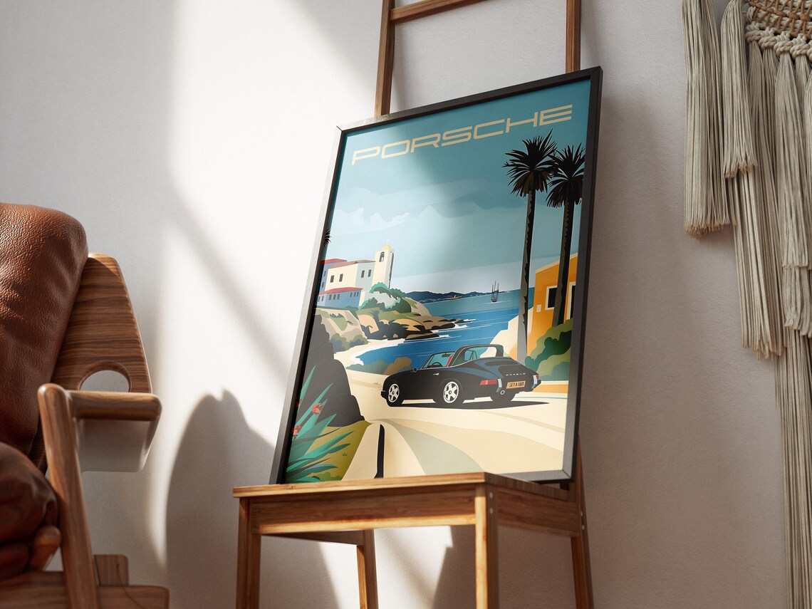 Black Porsche 911 Convertible Sunny Palm Coastal Road Trip Poster - Image 2