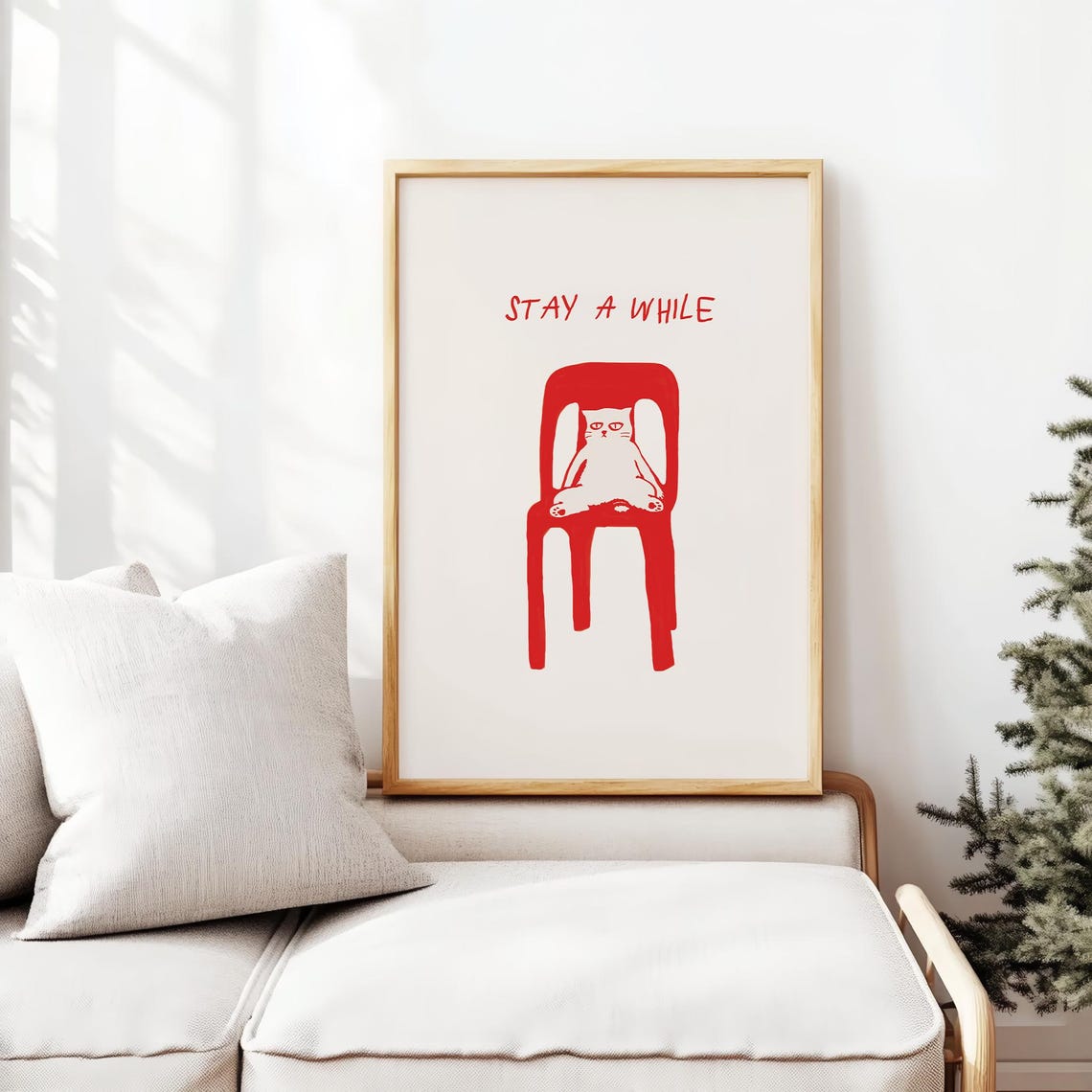 Stay A While Cat On Red Chair Funny Quote Kitchen Wall Art Decor - Image 3
