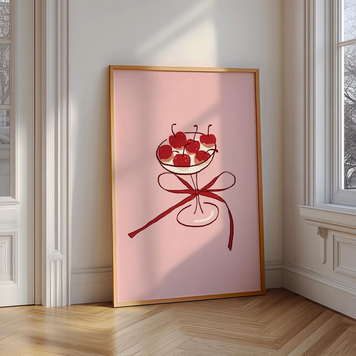 Cherry Cocktail Coupe With Red Bow Pink Bar Cart Trendy Wall Poster