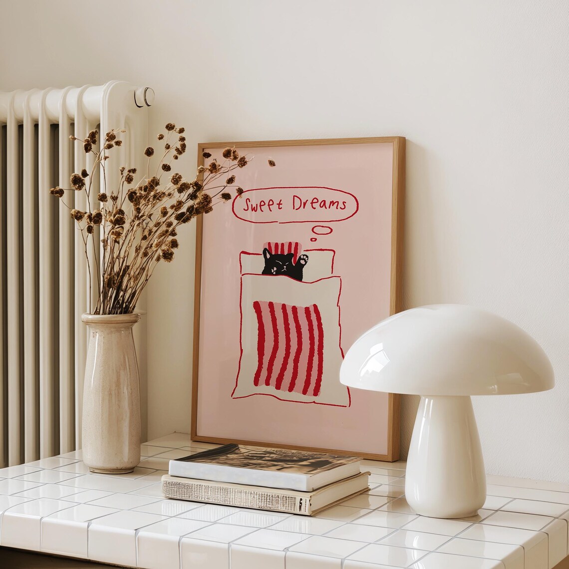 Sweet Dreams Black Cat In Bed Pink Cute Bedroom Wall Art Decor - Image 2
