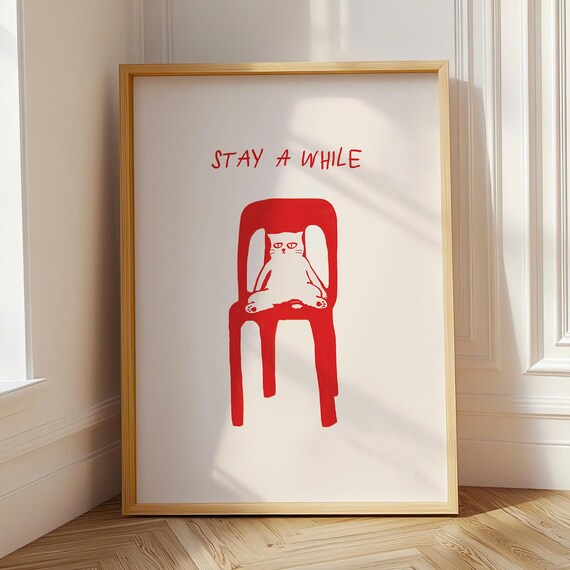 Stay A While Cat On Red Chair Funny Quote Kitchen Wall Art Decor