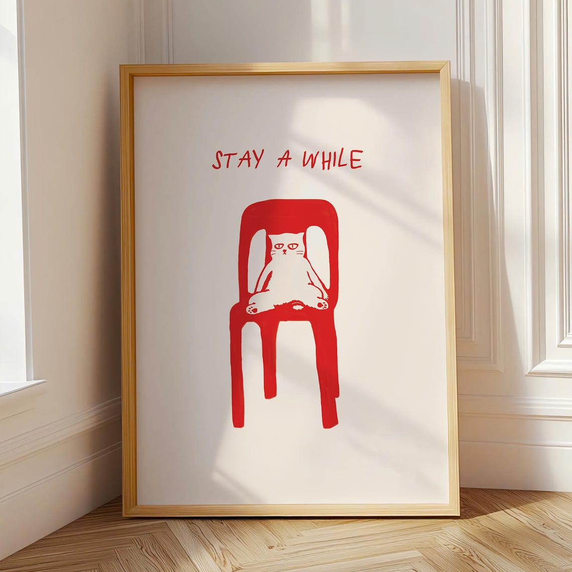 Cat Print Stay A While Print Cute Cat Poster Cat Wall Decor Funny Cat Print Cat Lover Decor Red Cat Print
