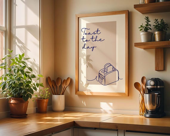 Toast To The Day Wall Art Minimalist Kitchen Print Modern Line Toaster Poster Breakfast Decor Neutral Artwork