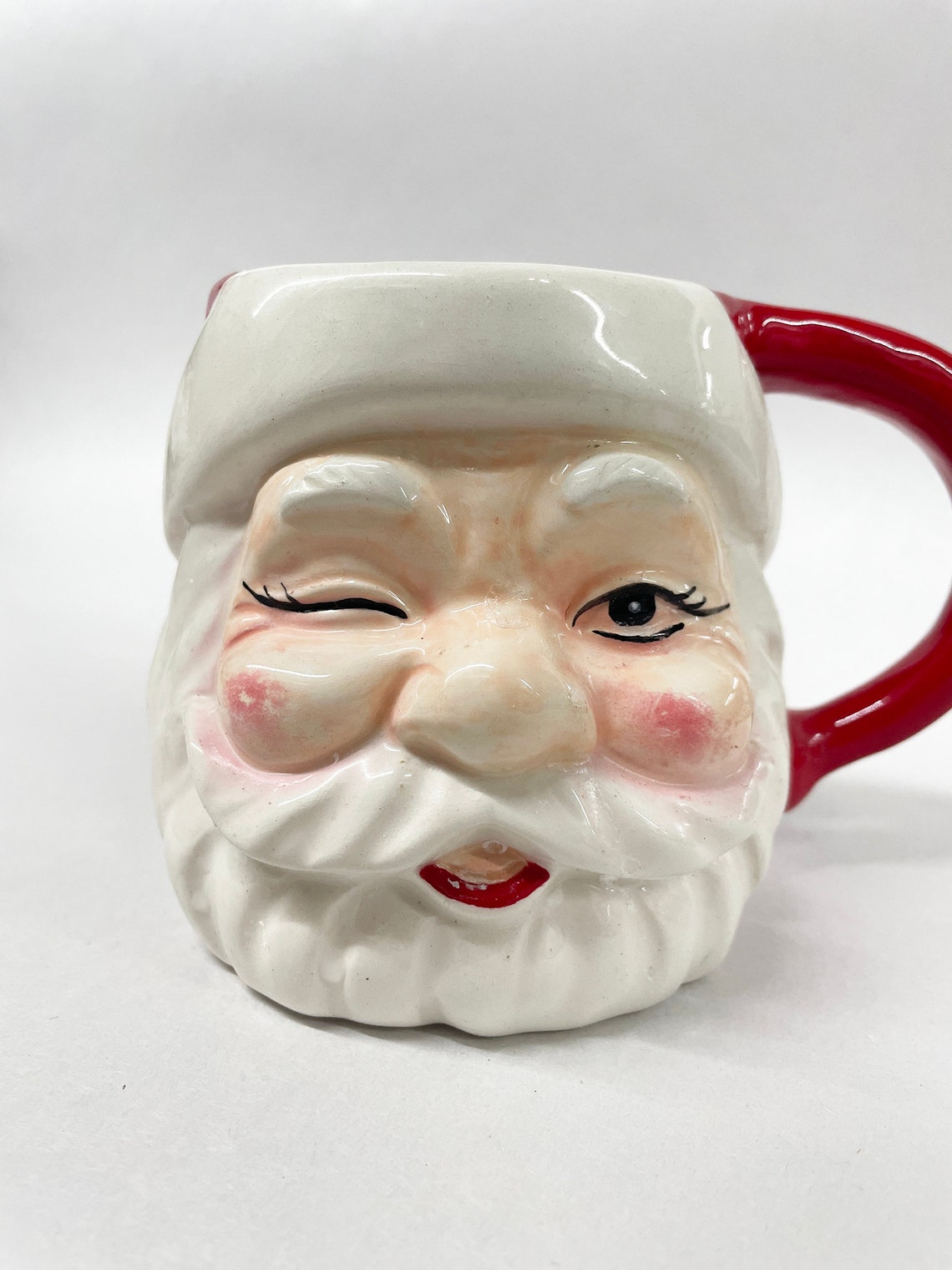 Retro Winking Santa Claus Ceramic Mug Red Handle Christmas Coffee Cup