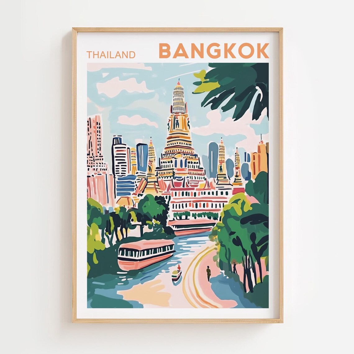 Bangkok Thailand Riverside Temple Pastel Watercolor Travel Poster