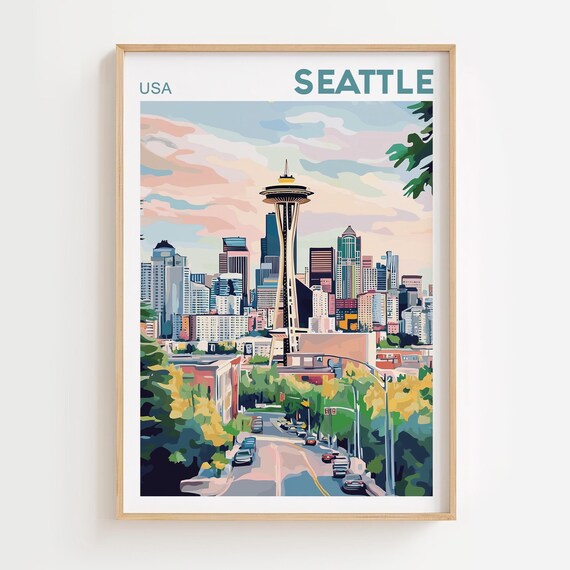 Seattle USA Space Needle Skyline Retro Watercolor Travel Poster