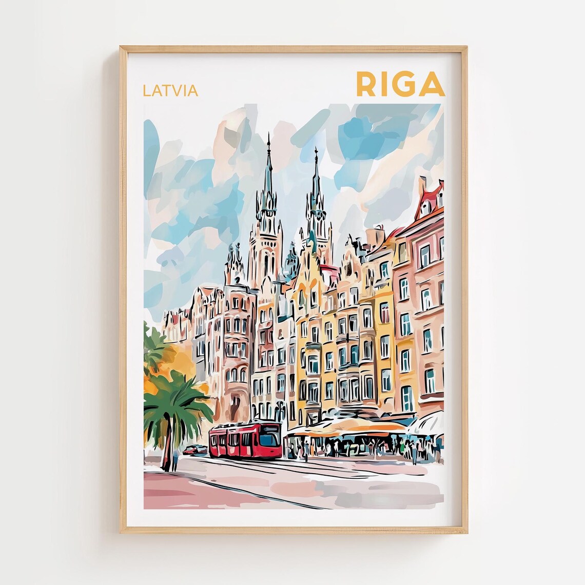 Riga Latvia Old Town Red Tram Colorful Facades Watercolor Poster