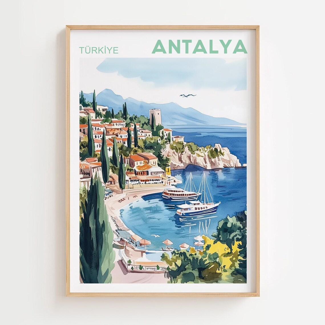 Antalya Turkey Mediterranean Harbor Old Town Watercolor Travel Poster