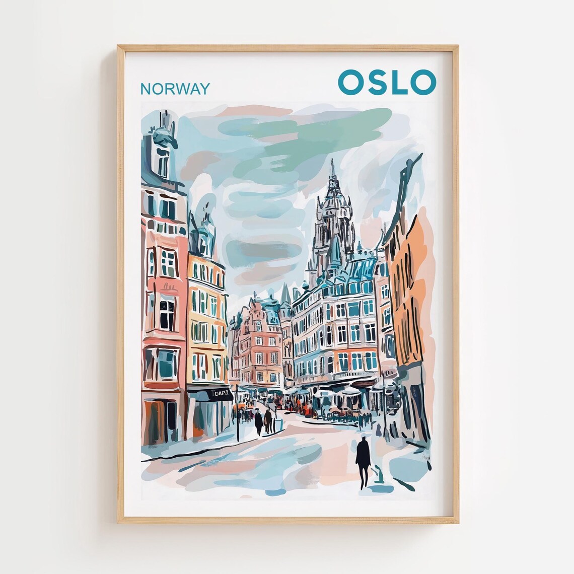 Oslo Norway Historic Street Tower Watercolor Cityscape Travel Poster