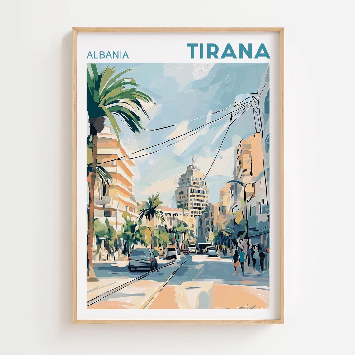 Tirana Albania Sunny Boulevard Palm Trees Modern City Travel Poster