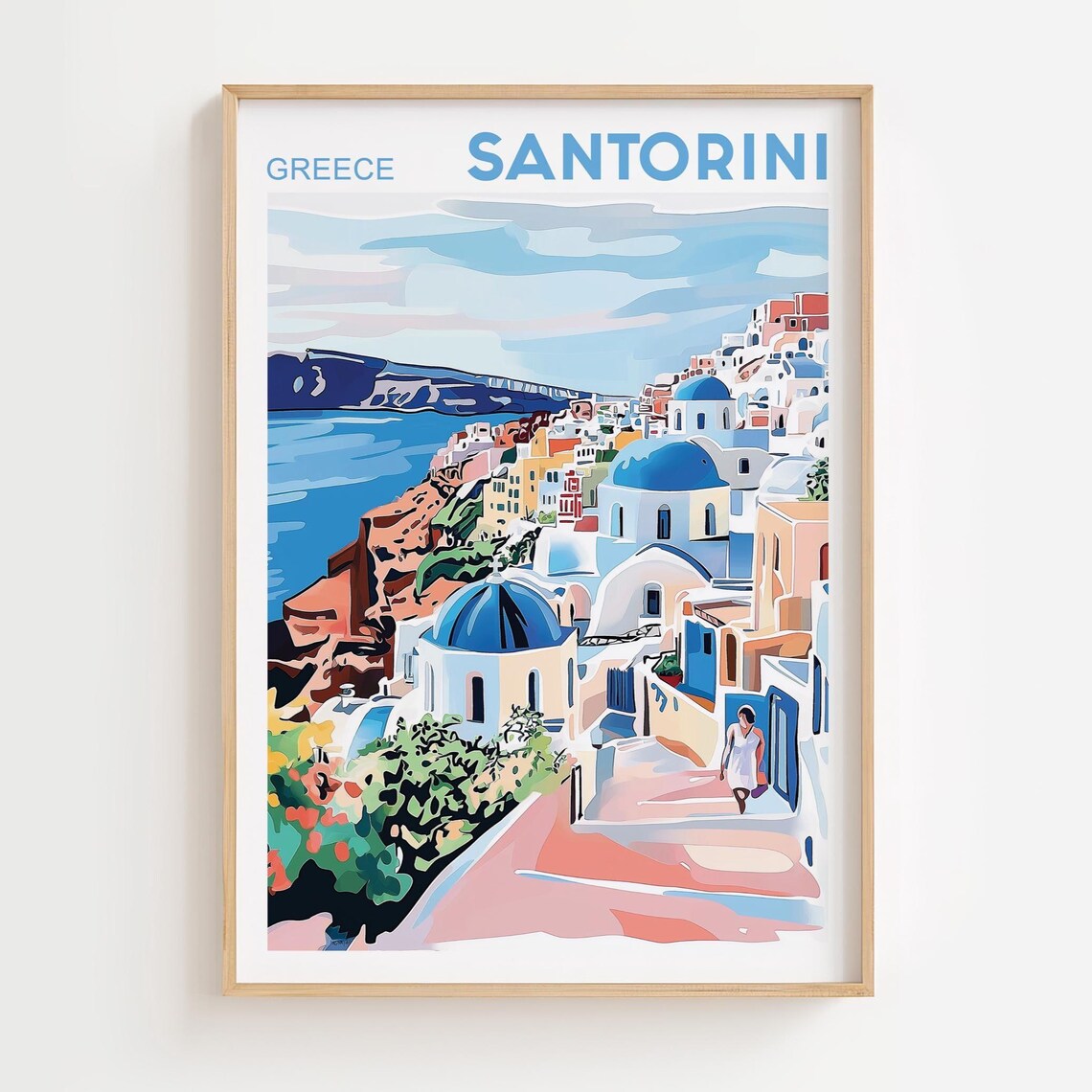 Santorini Greece Blue Dome Churches Aegean Island Retro Travel Poster