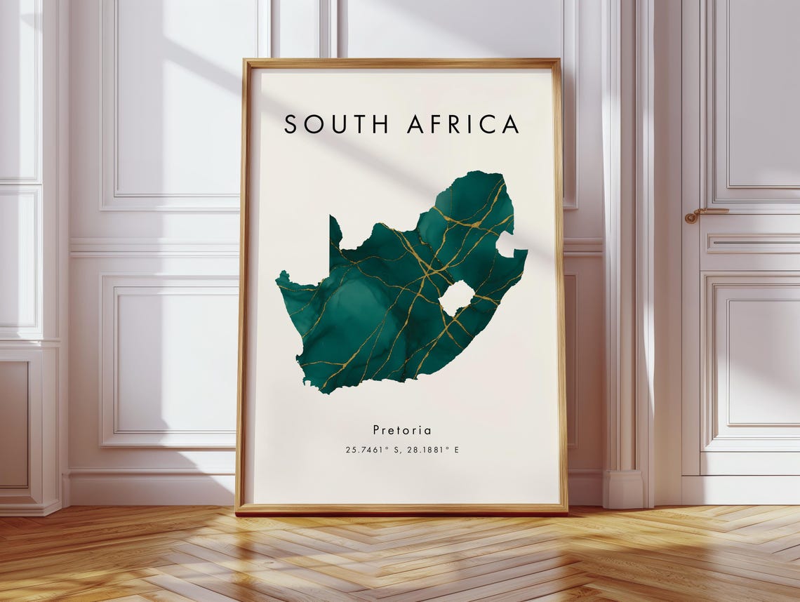 South Africa Green and Gold Marble Country Map Coordinates Print