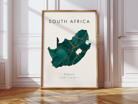 South Africa Map Poster Green And Gold Wall Art Print Home Decor Geography Gift Wallpaper