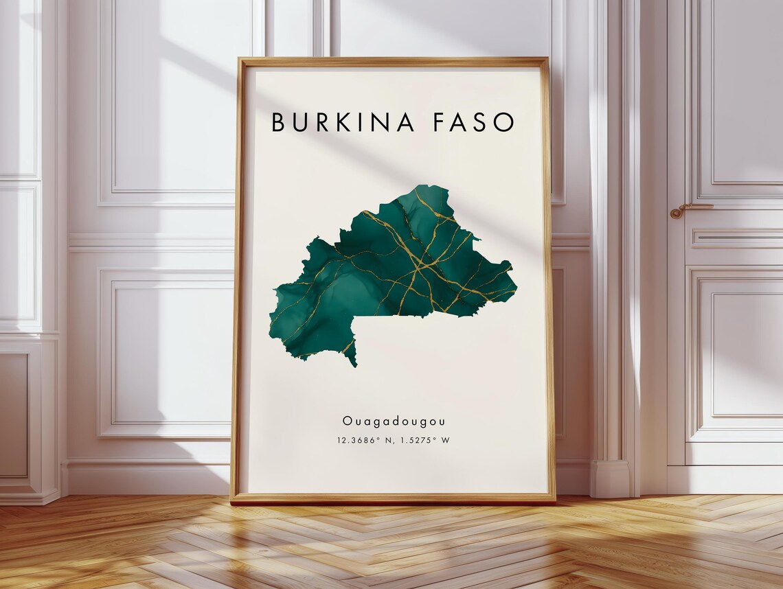 Burkina Faso Emerald Green Gold Map Print Ouagadougou Coordinates Decor