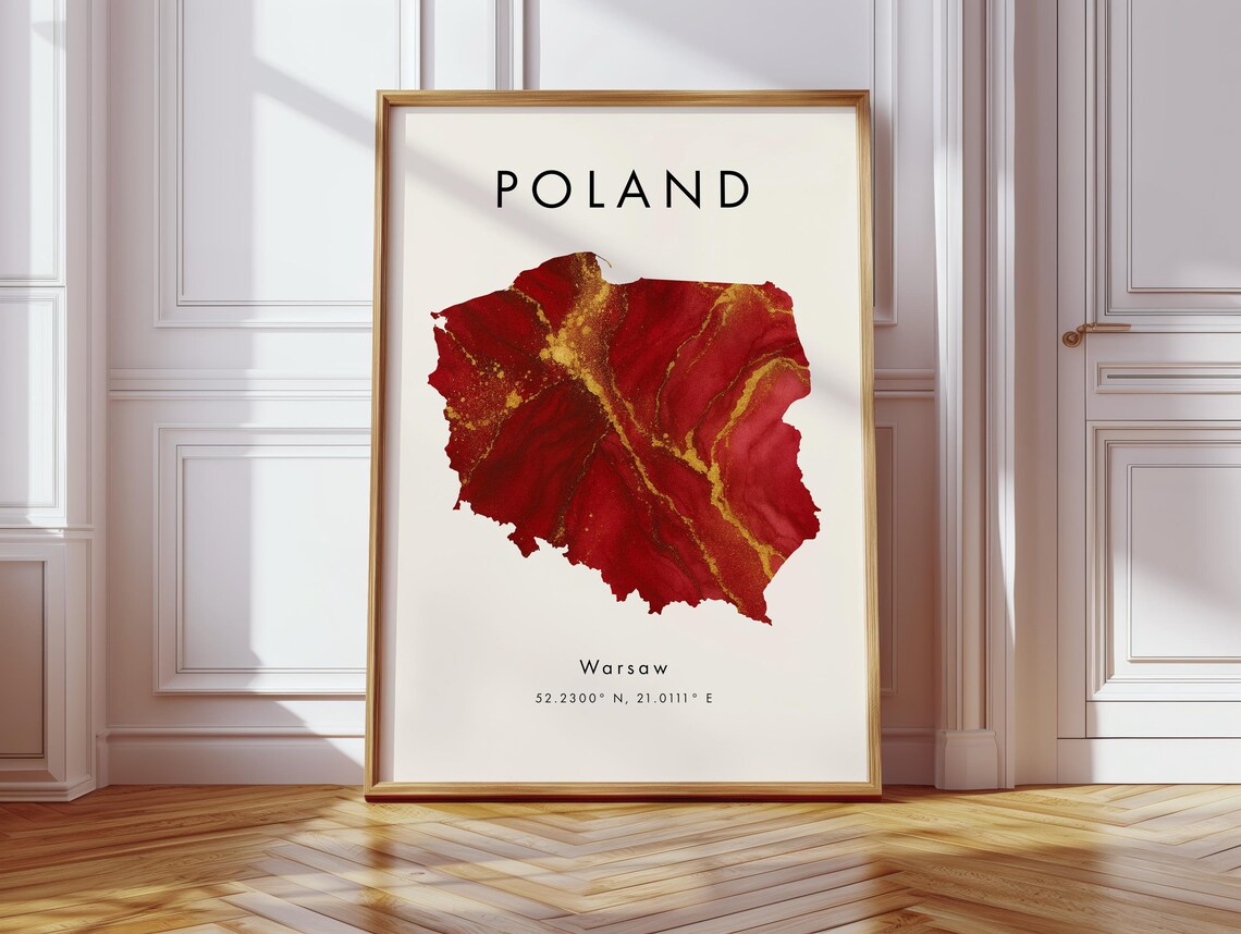 Poland Map Poster Red And Gold Europe Wall Art Print Home Decor Geography Gift Wallpaper