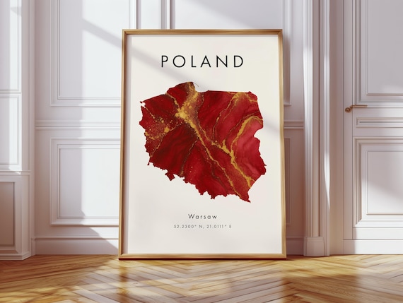 Poland Map Poster Red And Gold Europe Wall Art Print Home Decor Geography Gift Wallpaper