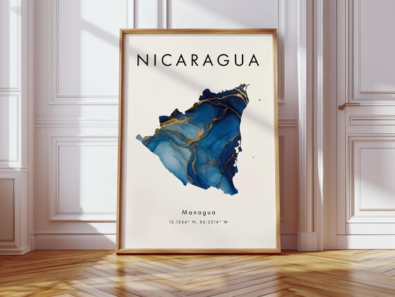 Nicaragua Map Poster Blue And Gold North America Geography Gift Wallpaper