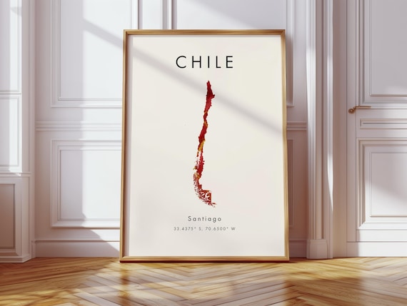 Chile Map Poster Red And Gold South America Wall Art Print Home Decor Geography Gift Wallpaper