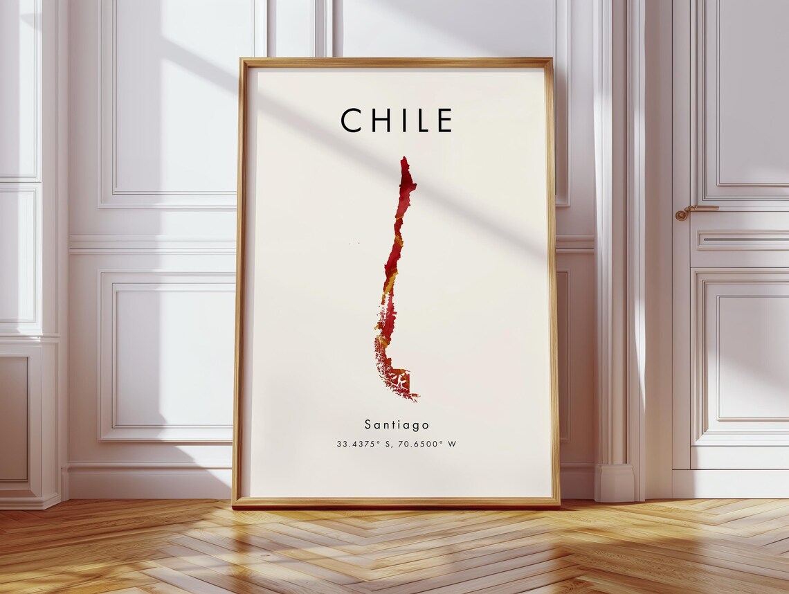Chile Map Poster Red And Gold South America Wall Art Print Home Decor Geography Gift Wallpaper