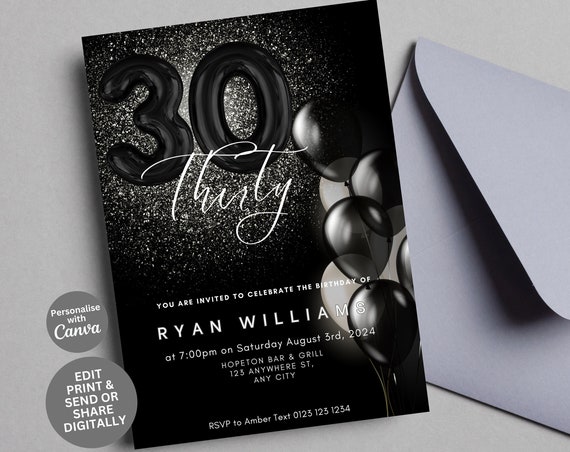 30th Birthday Invitation Editable Template 30th Invite Black Invitation Elegant For Him Or Her Thirty Instant Electronic Invite