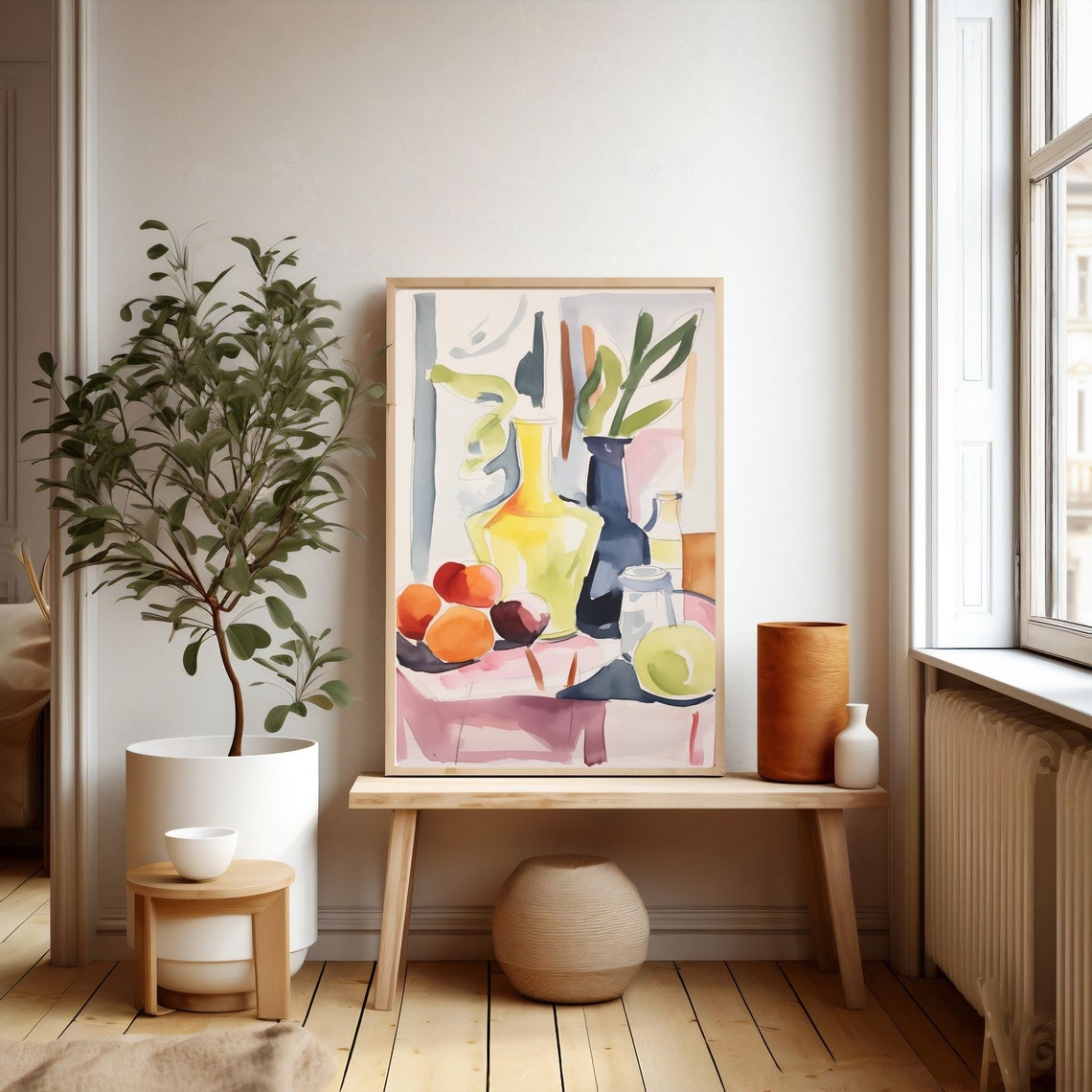 Bright Watercolor Still Life with Yellow Decanter and Fruit Poster - Image 2