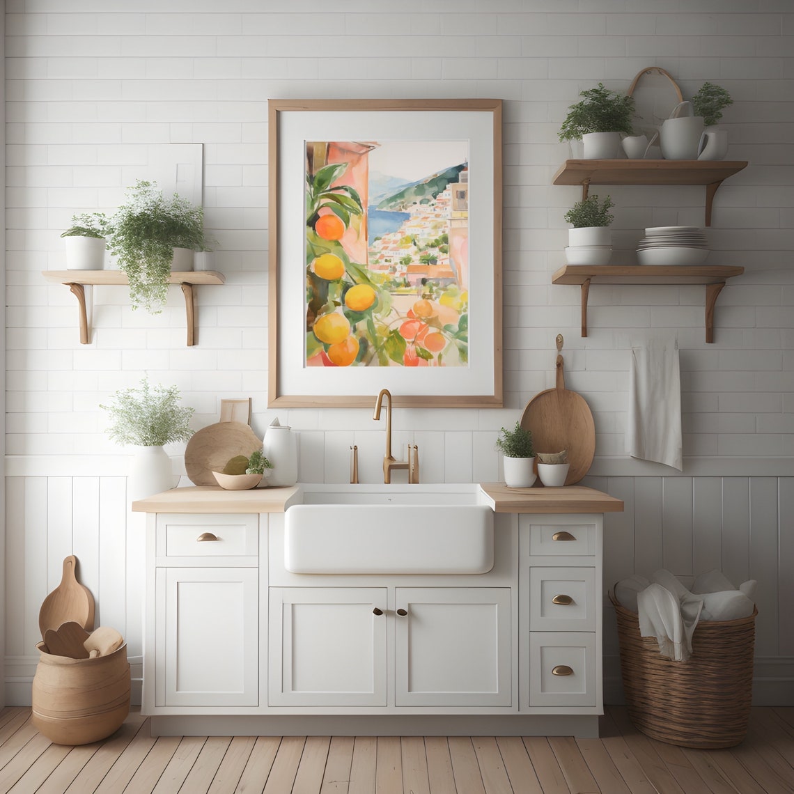 Amalfi Coast Overlook With Ripe Lemons On Branch Watercolor Poster - Image 2