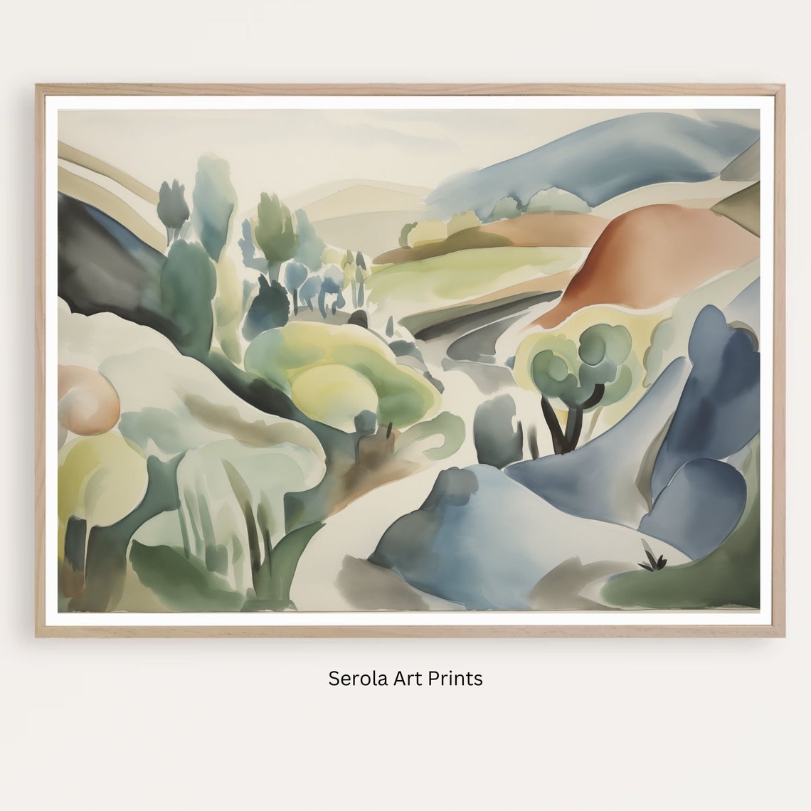 Watercolor Blue Hills and Green Trees Abstract Valley Poster