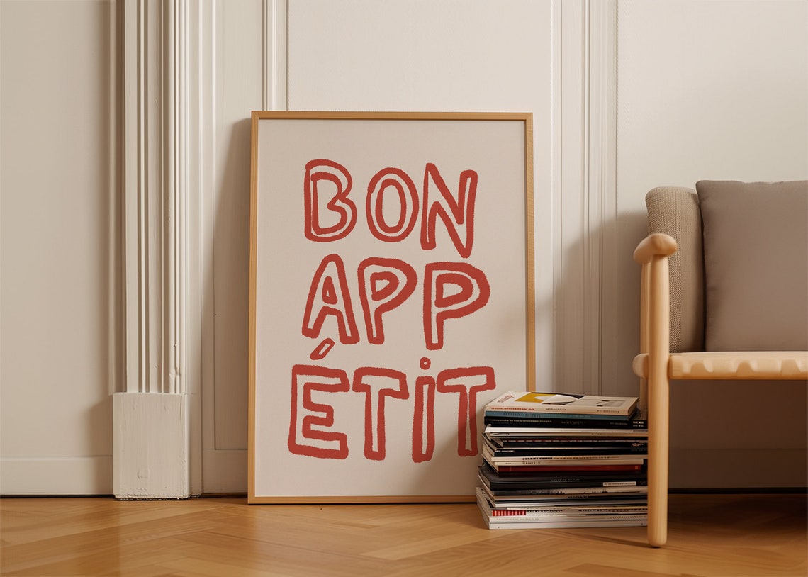 Bon Appetit French Typography Red Letters Minimalist Kitchen Poster - Image 3