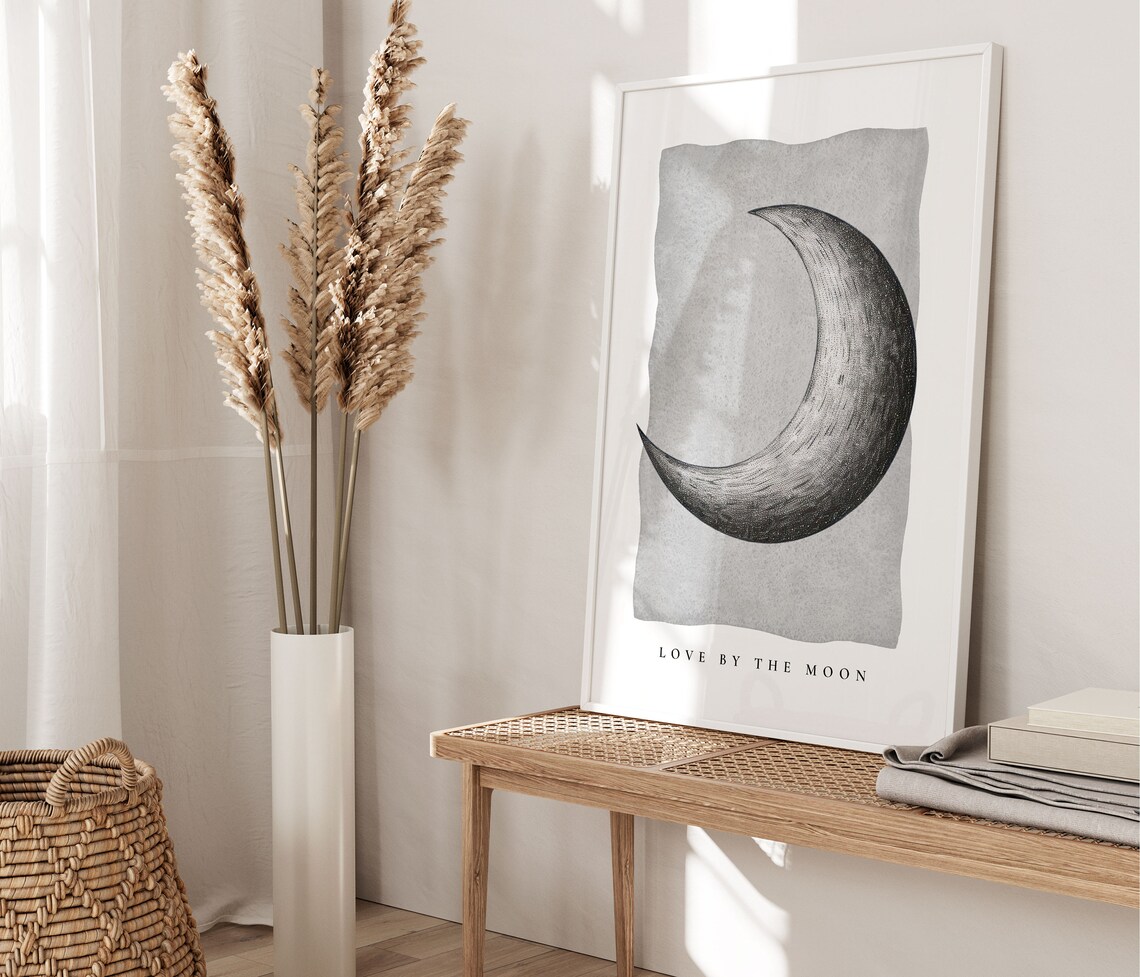 Love By The Moon Crescent Print Minimalist Black White Celestial Wall Art Poster - Image 3