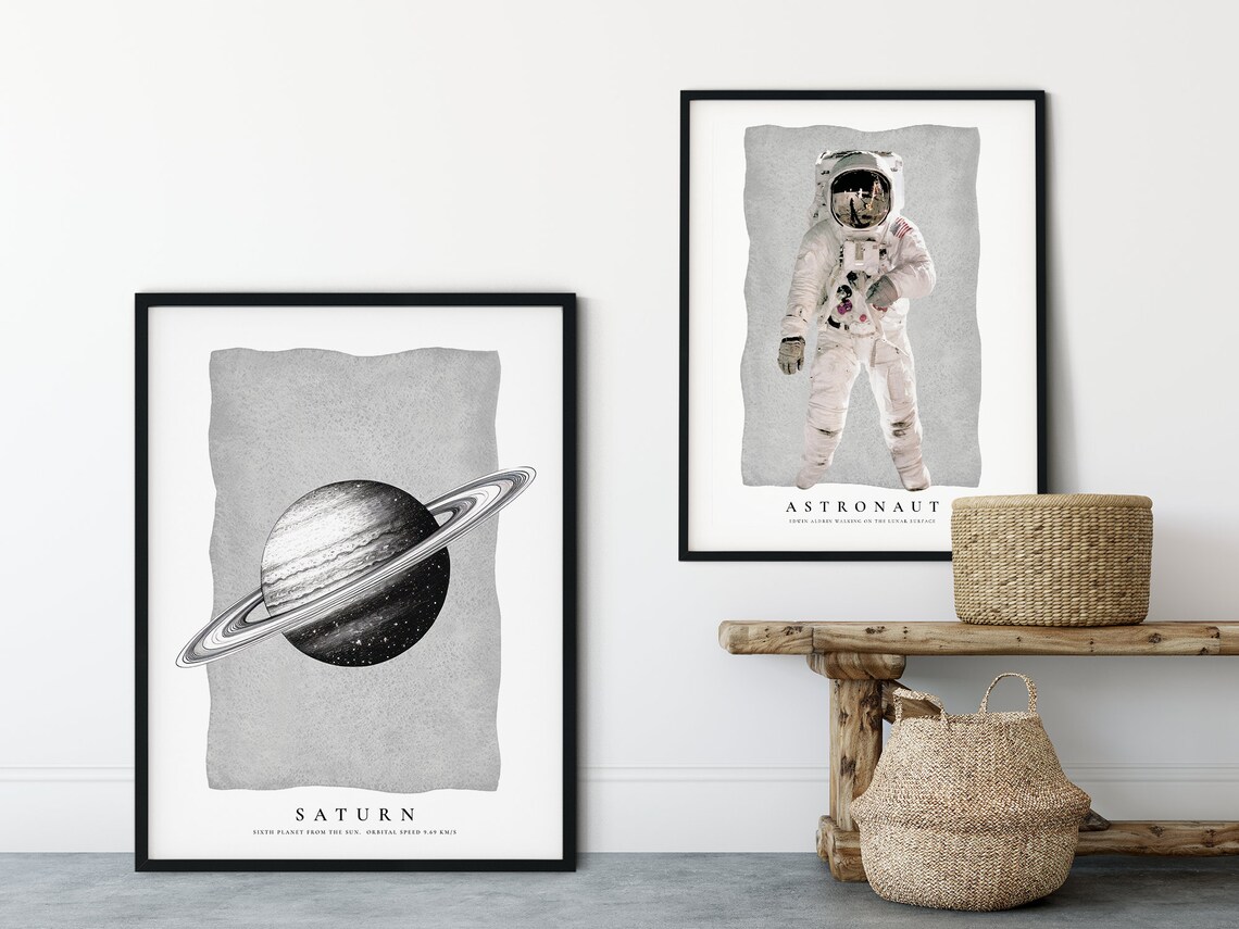 Saturn Planet Rings Illustration Poster Black White Space Solar System Wall Art - Image 2