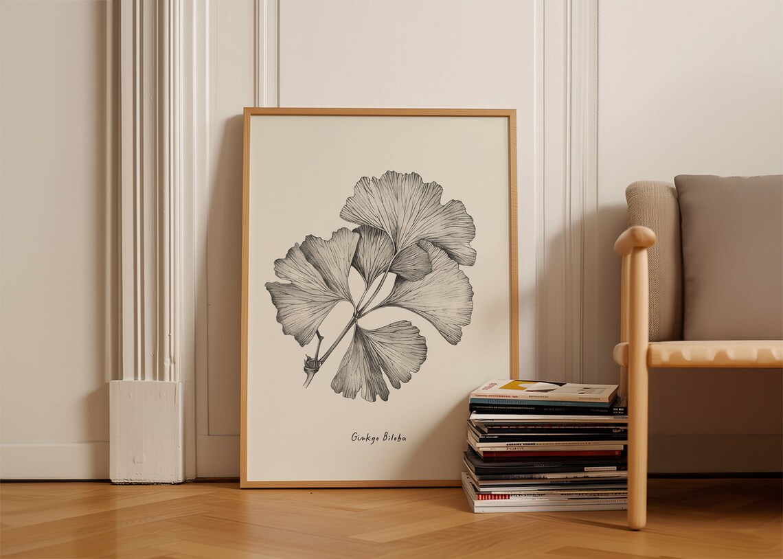 Ginkgo Biloba Leaf Botanical Pencil Sketch Minimalist Wall Art Poster - Image 5