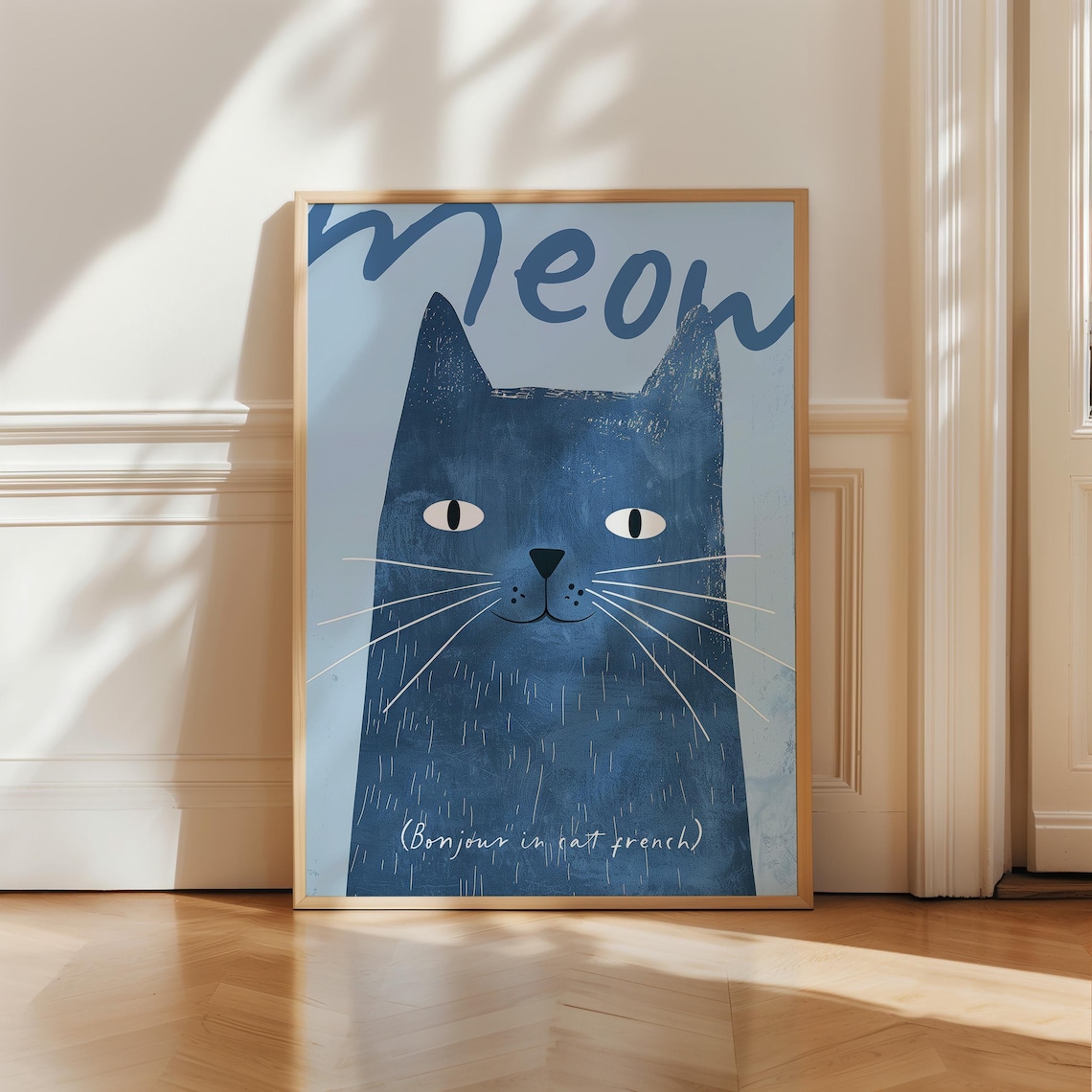 Meow Blue Cat French Bonjour Cute Nursery Kids Animal Wall Poster