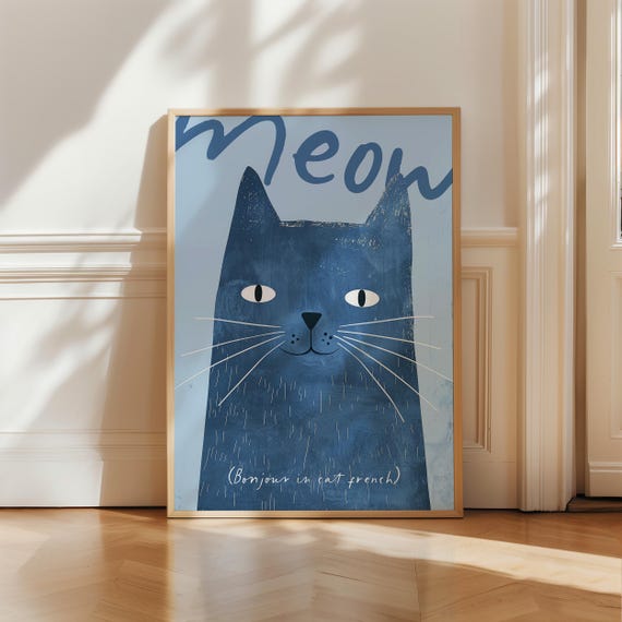 Meow Cat Nursery Print Le Chat Affiche Gato Blue Room Poster Children Animal Print Nursery Wall Art Cute Animal Trendy Kids Room Decor