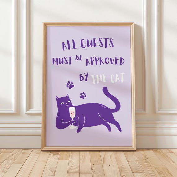 Cat Lover Wall Decor Rolled Posters Cute Gift Purple Art Prints Approved Guests Funny Sign