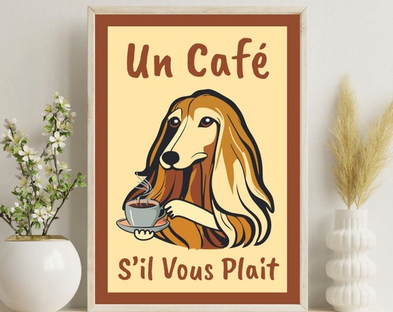 French Cafe Dog Art Print Retro Coffee Poster Digital Download