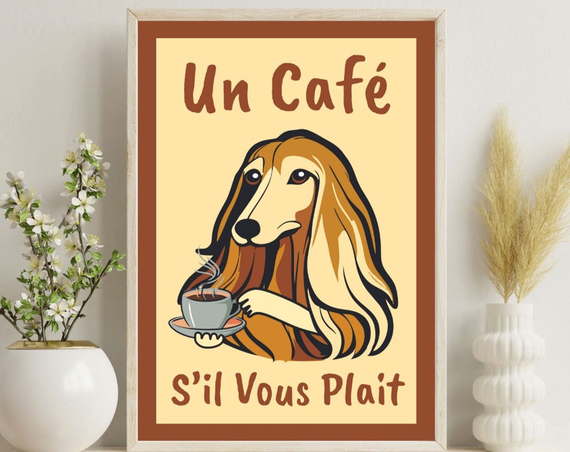 Afghan Hound Un Cafe Sil Vous Plait Vintage Coffee Lover Poster