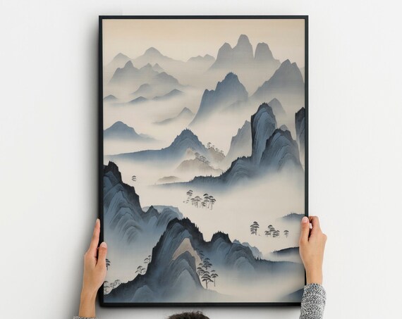 Japanese Blue Mountain Peaks Mist Ink Wash Zen Landscape Poster