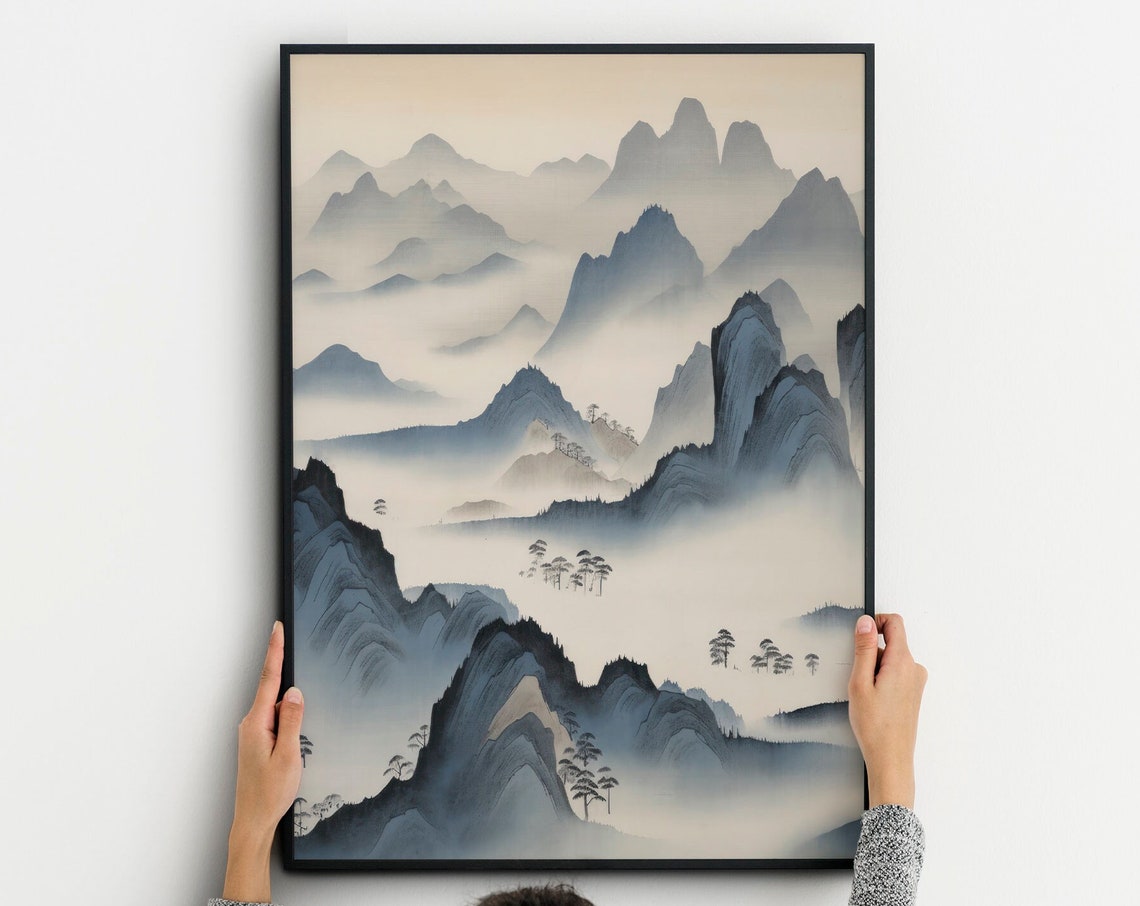Japanese Blue Mountain Peaks Mist Ink Wash Zen Landscape Poster