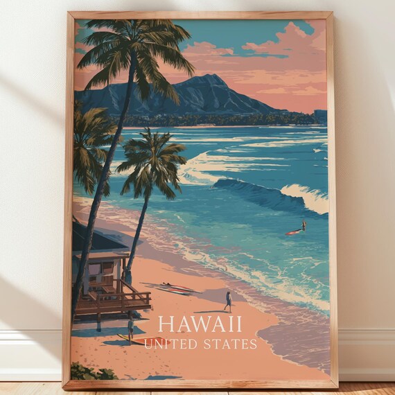 Waikiki Beach Hawaii Diamond Head Vintage Sunset Travel Poster