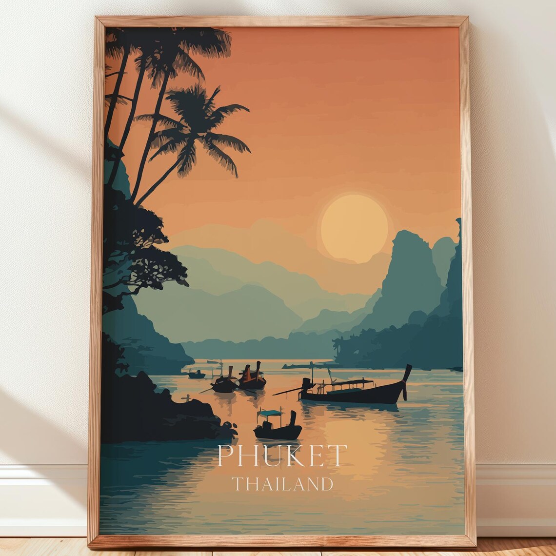 Phuket Thailand Sunset Longtail Boats Limestone Cliffs Travel Poster