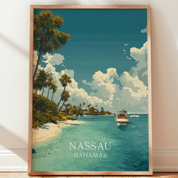 Nassau Bahamas Caribbean Palm Beach Boats Travel Poster Artwork
