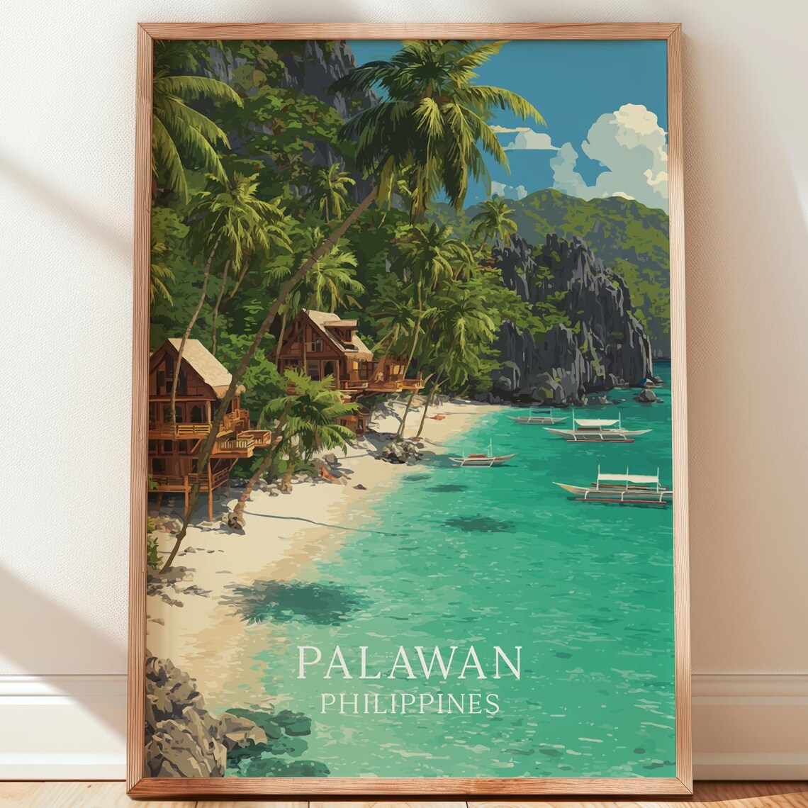 Palawan Philippines Tropical Beach Huts Palm Trees Travel Poster