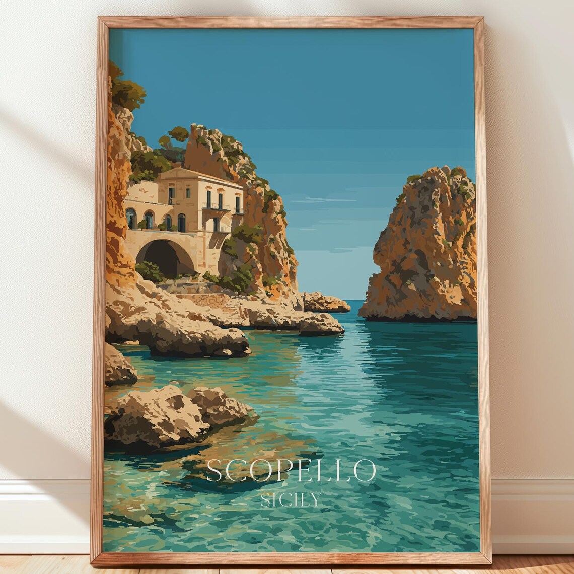 Scopello Sicily Tonnara Coastal Cliffs Turquoise Sea Vintage Travel Poster