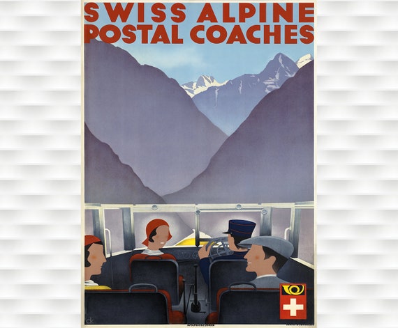 Swiss Alpine Postal Coaches Vintage Travel Poster
