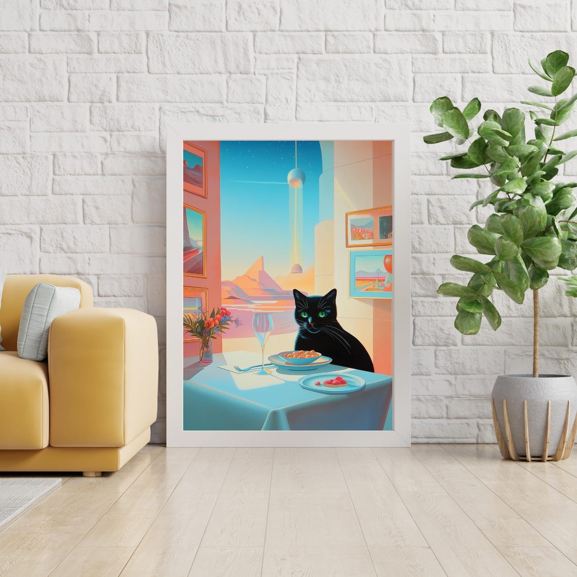 Elegant Black Cat Dining At A Table In A Surreal Art Style Poster - Image 3