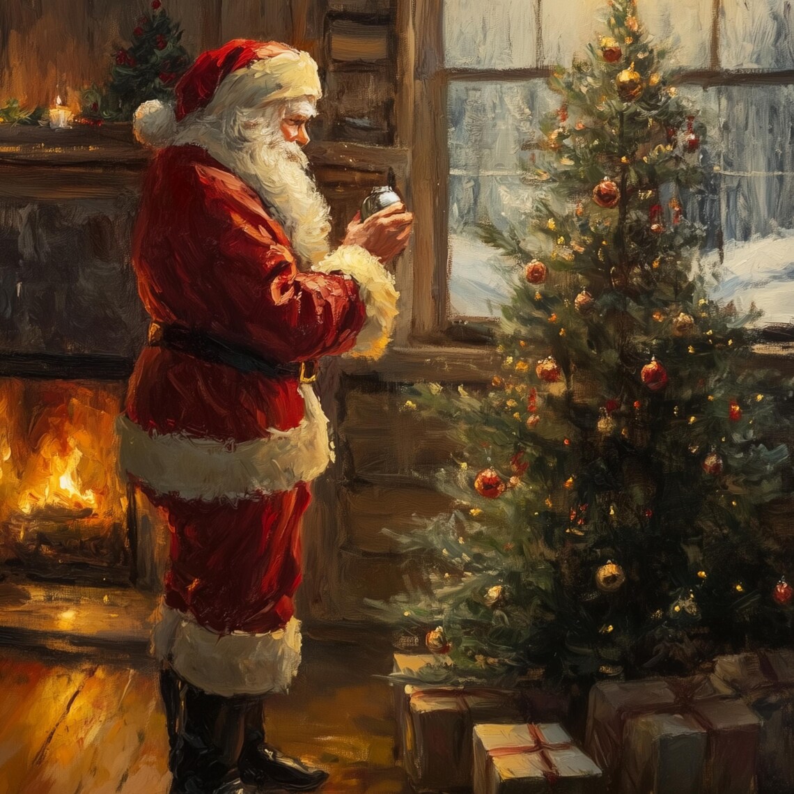 Santa Claus Decorating Christmas Tree by Fireplace Vintage Oil Poster - Image 3