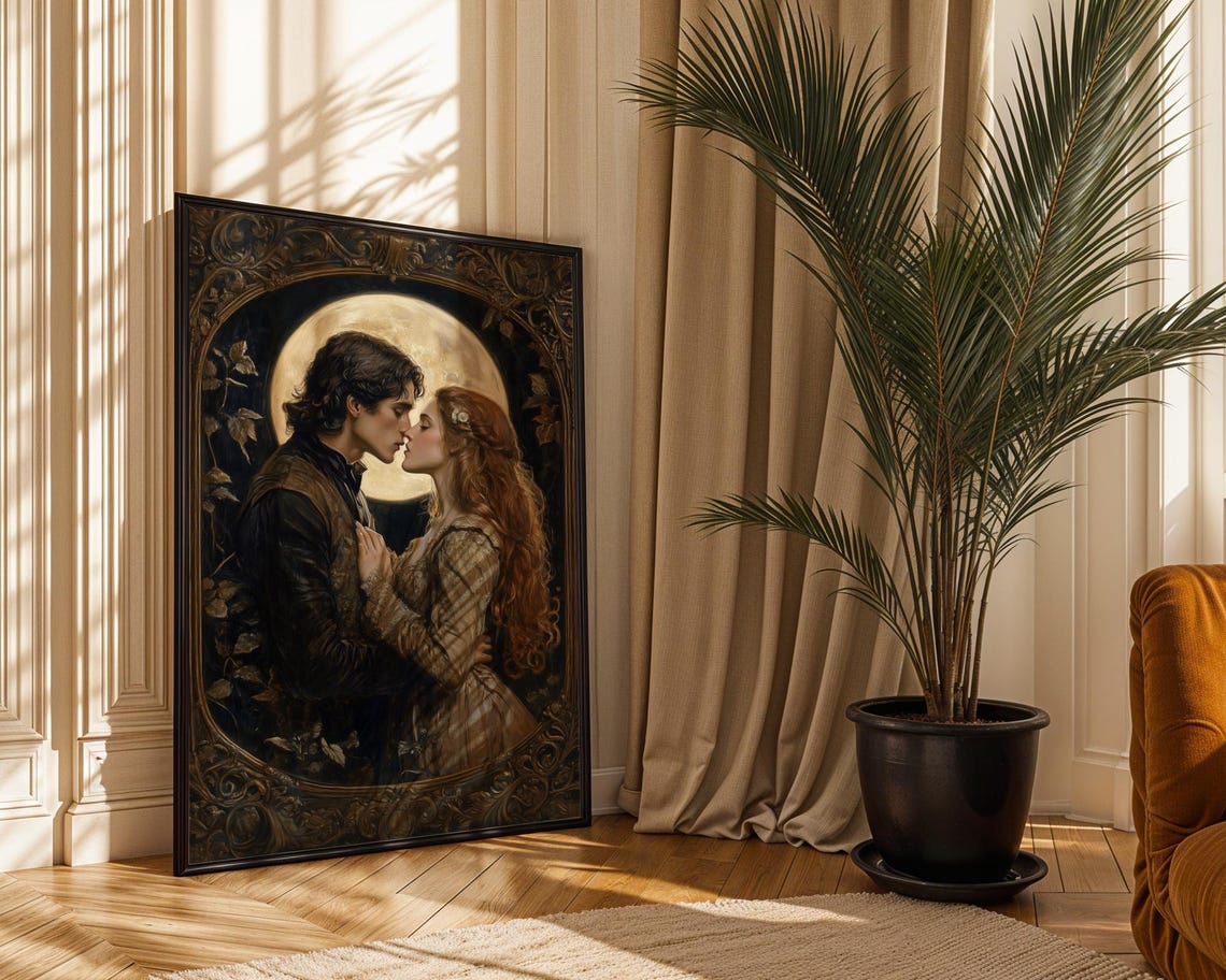 Lovers Kiss Under Full Moon Ornate Vintage Romantic Oil Art Poster - Image 2