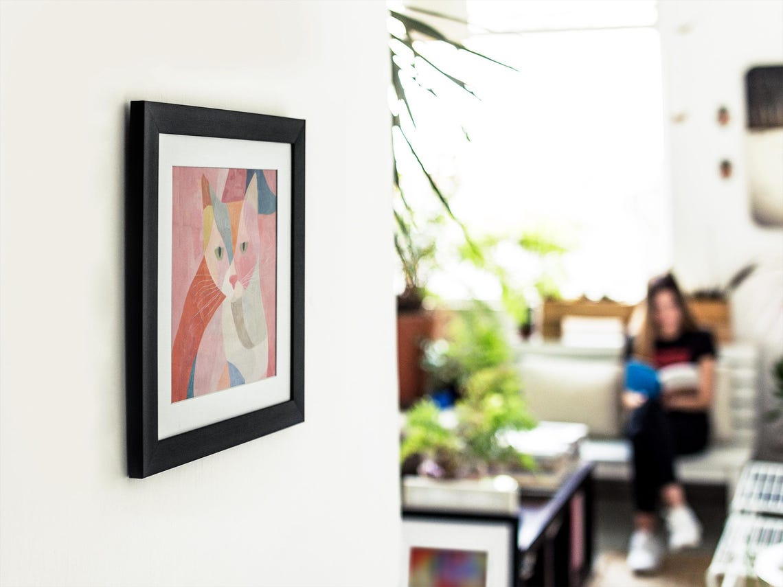 Colorful Abstract Cat Portrait Cubist Pink Blue Modern Art Poster - Image 2